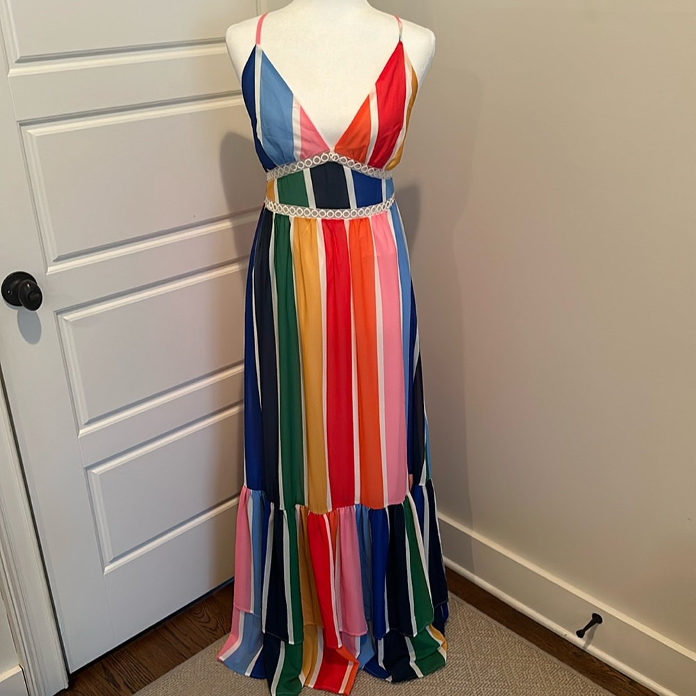 🌈Aura Crochet Insert Rainbow Multicolor Striped Maxi Dress